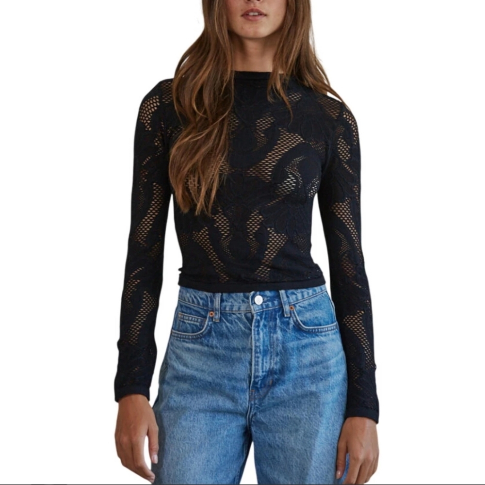 By Together Jacquard Seamless Long Sleeve Mock Neck Shirt Black S/M